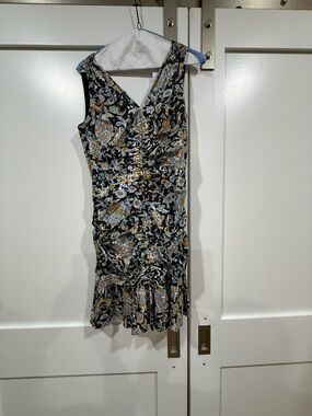 Veronica Beard One-Shoulder Floral Ruched Dress in Navy, Mustard, Light Blue